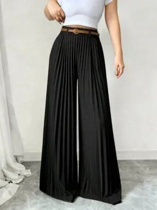 Pants - Black Elegant Women's Minimalist Pleated Casual Pants